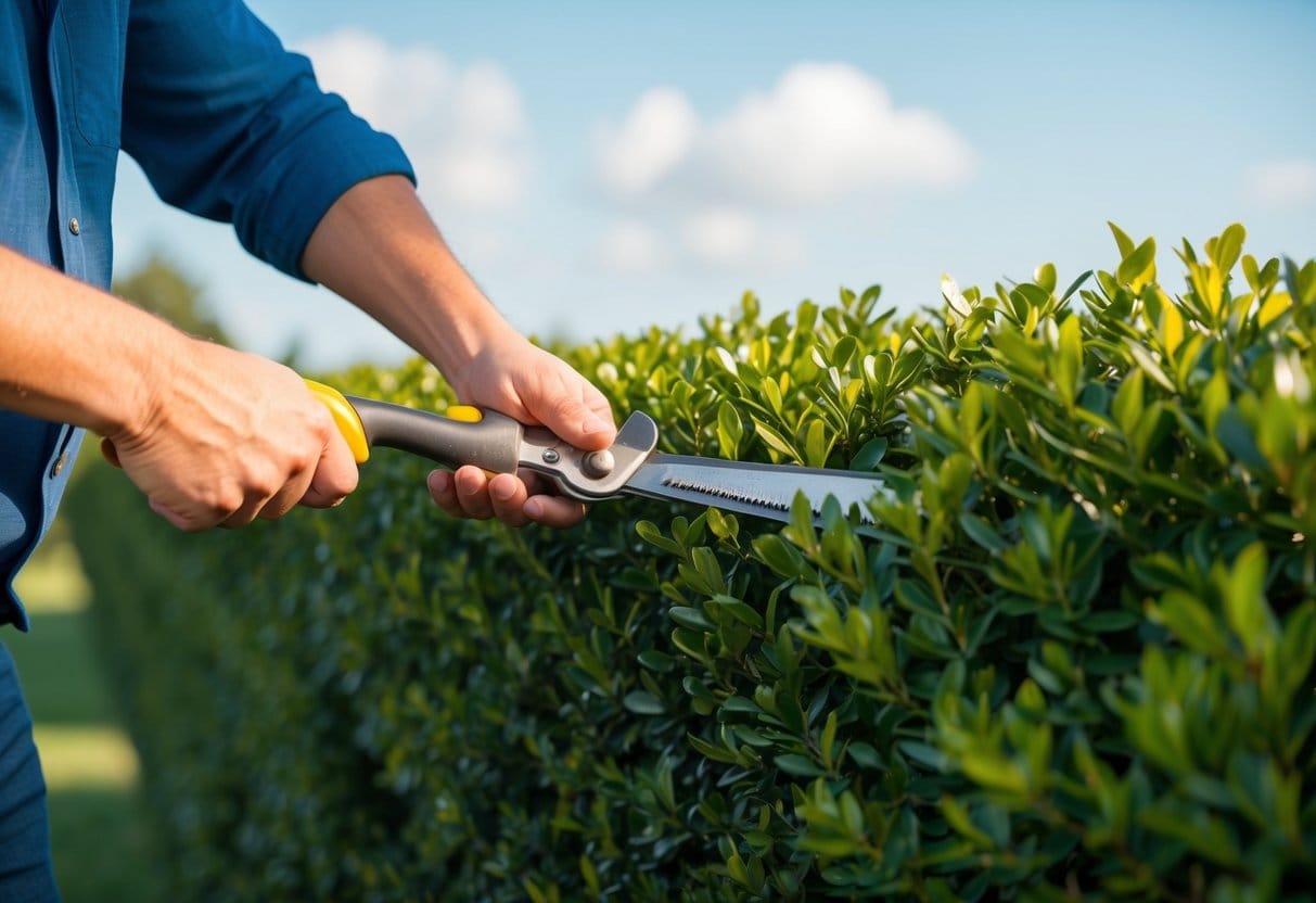 The illustration shows a person trimming a ligustrum hedge with shears on a sunny day---Illustrationen viser en person der trimmer en ligusterhæk med en havesaks på en solrig dag