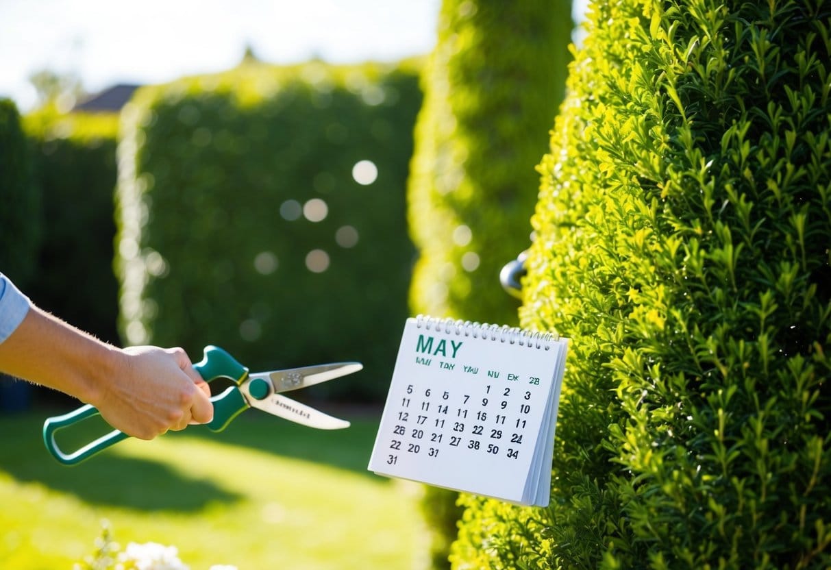 En solrig have med en pænt trimmed thuja hæk en person der holder en havesaks og en kalender der viser måneden maj